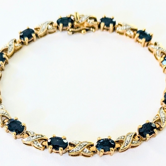 PAJ Signed STERLING SILVER Gold Vermeil Genuine Oval SAPPHIRE TENNIS BRACELET 7" - Picture 3 of 9